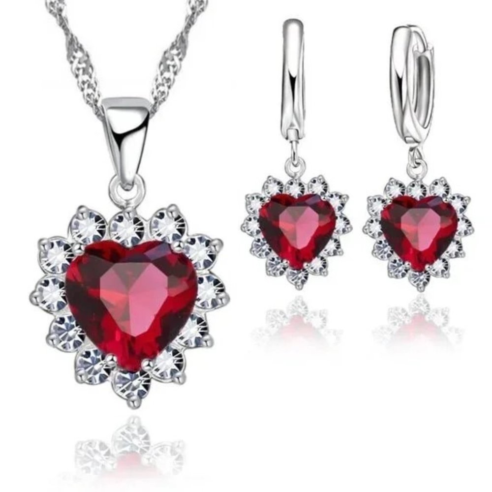 ⭐4pc Bundle Sale⭐ Vintage Ruby Hearts Pendant, Earrings And 18" Chain 925 Silver